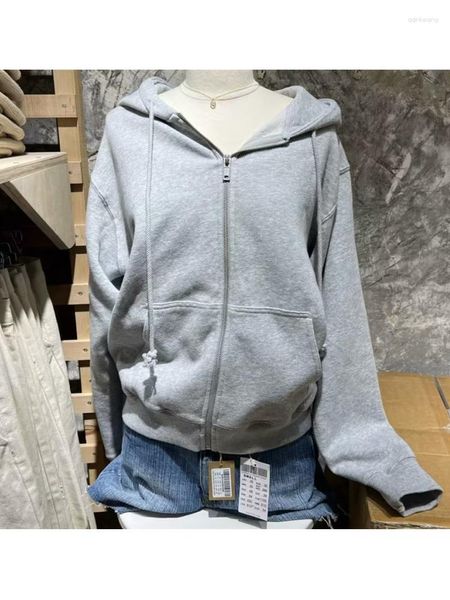 Damen-Kapuzenpullover, lässig, grau, mit Reißverschluss, lose Sweatshirts, 2023, Herbst, Vintage, mit Kapuze, lange Ärmel, einfarbig, weiblich, schick, Oberbekleidung