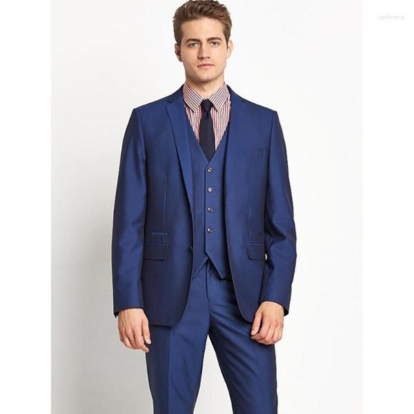 Мужские костюмы, элегантный модный терно-синий деловой костюм, свадебная одежда, однобортный пиджак с лацканами, куртка из трех предметов, брюки, жилет