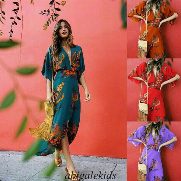 2021 Женская v Nece Press Press Floral Print Print Kimono в стиле с половиной рукава длинные макси -платья Boho Ladies Beach Vestido Plus Size302i