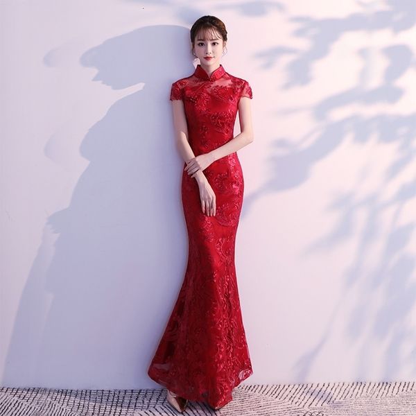 Grundlegende Freizeitkleider Spitze Meerjungfrau Chinesischen Stil Dame Cheongsam Langes Enges Elegantes Kleid Große Größe 3XL Vestidso Vintage Rote Braut Hochzeit Qipao 231006