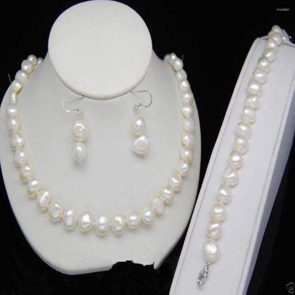 Colar brincos conjunto feito à mão 9-10mm branco de água doce barroco pérola pulseira brinco para mulheres moda jóias