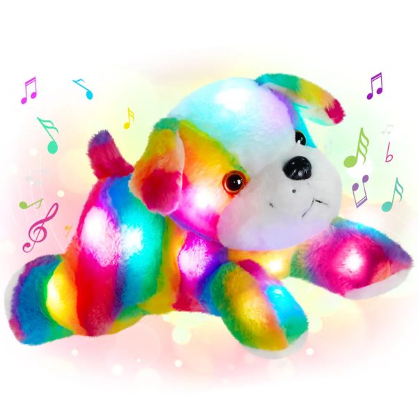 Poupées en peluche 33 cm arc-en-ciel couleur lumière LED jouets musicaux singe chien éléphant poupée doux mignon animaux en peluche pour filles cadeau d'anniversaire jouet 231007