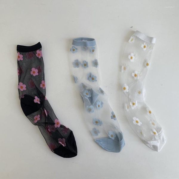 Женские носки, японские, корейские, с цветочным принтом, летние, ультратонкие, прозрачные, с кристаллами, шелк, Harajuku, ретро, для девочек, Kawaii, милые