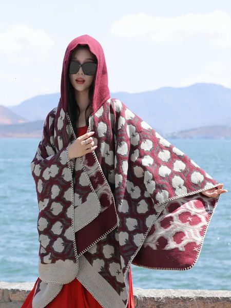 Lenços de xale com capuz feminino viagens à prova de vento Split Cape imitação de caxemira de cashmere Autumn espessou calor e duplos 231007