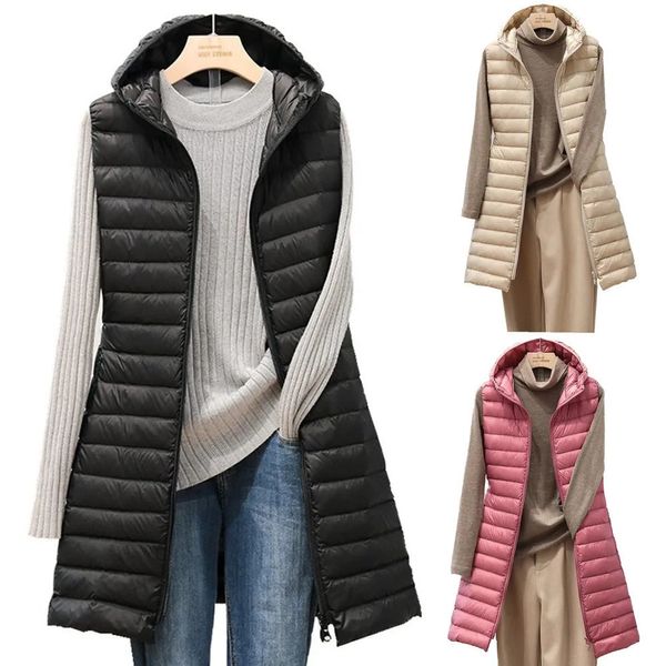 Parkas femininas para baixo outono e inverno médio longo com capuz luz para baixo jaqueta acolchoada colete de algodão 231007