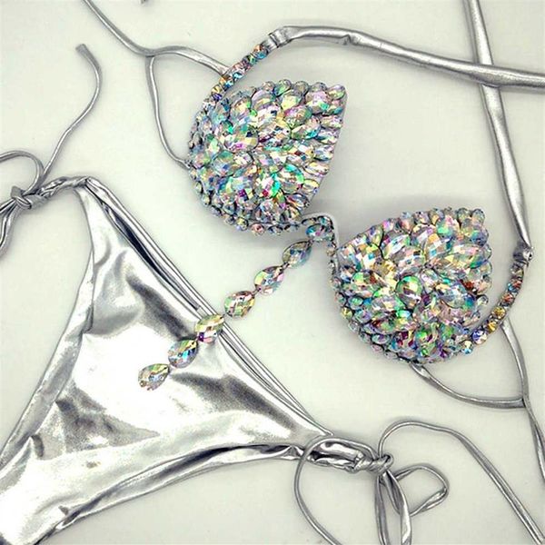 7 Set bikini a colori vivaci Donna Diamante Carnevale Reggiseno Strass Sexy Night Club Mutandine Festival Wear Burning Man Outfit Q0705279v