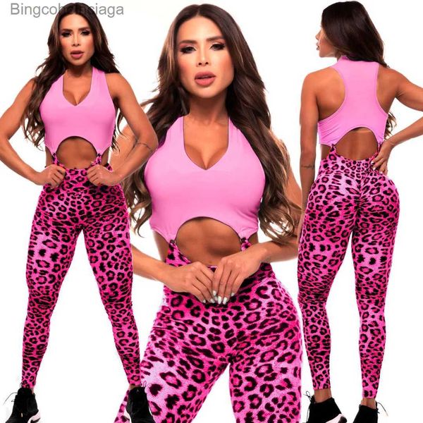 Conjuntos ativos 2023 Pad Seperate Sport Bra Scrunch Pant Leopard One Piece Macacões Mulheres Bodycon Workout Legging Gym Fitness Active Wear SuitsL231007