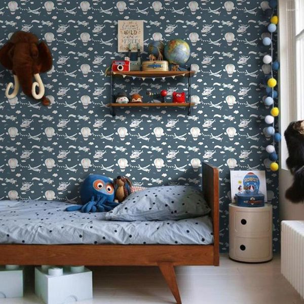 Wallpapers azul dos desenhos animados balão de ar nuvens papel de parede adesivo berçário decalques crianças bebê decoração interior