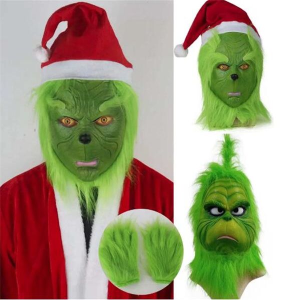 Maschere geek di Natale Stato guanti Cosplay Green Monster Santa Latex Celmetto con cappelli Halloween Carnival Party Costume Props GC2360