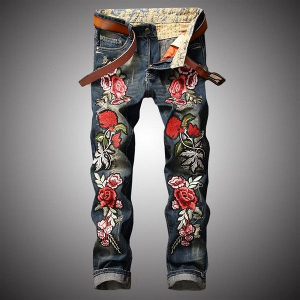 2020 New Streetwear Hip Hop Jeans Uomo Rosa Ricamo Pantaloni in denim Slim Fit Jeans casual Fiori ricamati Abiti maschili BP007302i