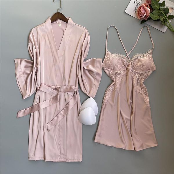 Mulheres sleepwear sexy rosa cetim robe e conjuntos mulheres camisolas rendas roupão quimono dama de honra vestidos de casamento pijamas
