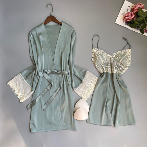 Damen-Nachtwäsche, sexy Robe und Kleid-Set, Damen-Rayon-Kimono-Bademantel, Spitze, lässige Heimkleidung, grüne Satin-Nachtwäsche