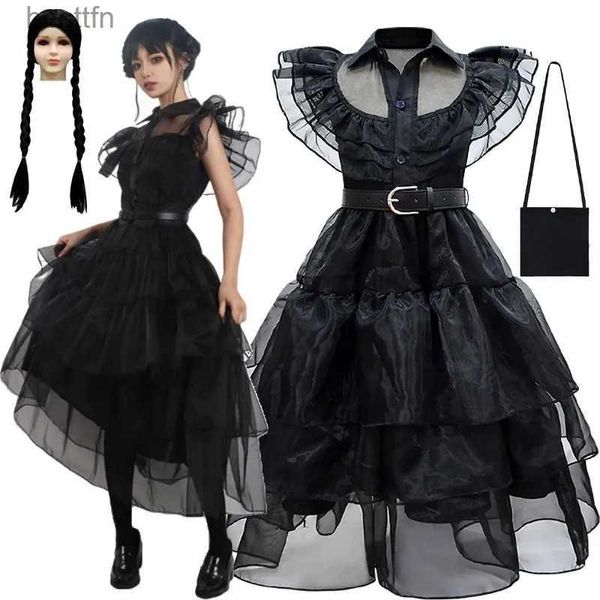 Tema Costume Mercoledì Ragazze Abiti Film Addams Cosplay Come Gothic Wind 2023 Fantasia Wandinha Abiti Abito da festa Parrucche Borse DressL231007