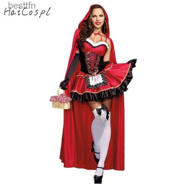 Tema Kostümü Küçük Kırmızı Binicilik Hood Kadınlar İçin Gel Yetişkin Yetişkin Cadılar Bayramı Cosplay Fantasia Karnaval Peri Masalı Plus Boyut Kız Elbise+Cloakl231007