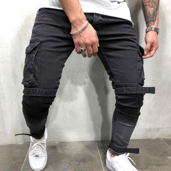 Calças de brim de motociclista magro dos homens multi-bolso bandagem magro carga joggers calças para homens motocicleta hip hop streetwear swag denim calças 243o