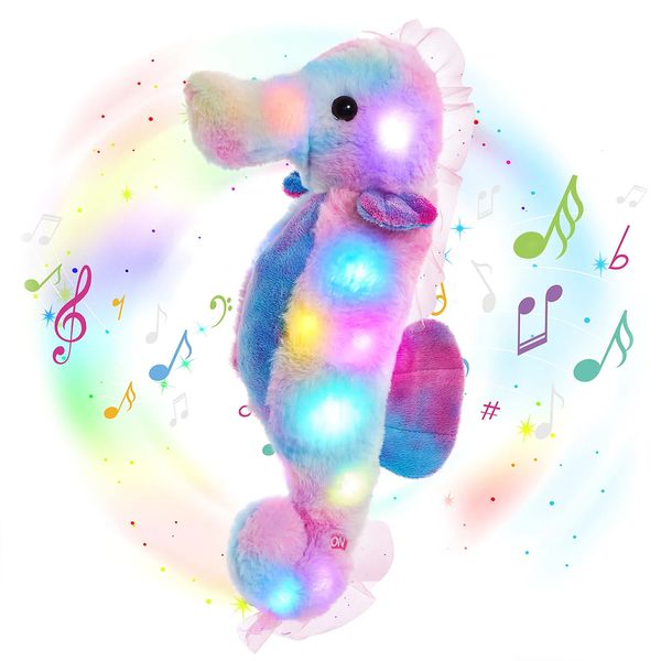 Bonecas de pelúcia 40cm Seahorse colorido LED luz brinquedos musical macio bonito algodão pp iluminar animais de pelúcia para meninas brinquedo de presente de aniversário 231007