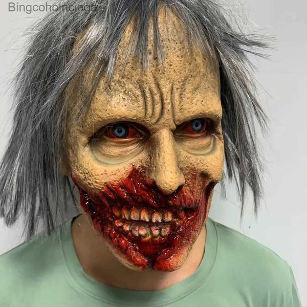 Thema Kostüm Blutige Zombie-Maske mit Haaren Erwachsene Monster-Halloween-Maske Vollgesichts-Geist-Latex-Maskerade-PartyL231008