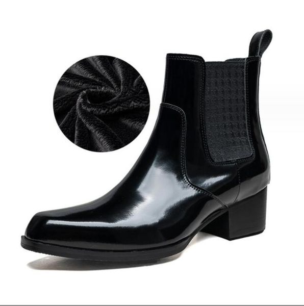 Preto aumentar saltos botas sapatos para homens de luxo couro vaca real designer couro patente homem vestido sapatos 2023 festa casamento terno