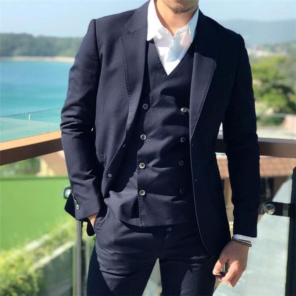 Ternos masculinos regulares para homens blazer terno traje único breasted entalhado lapela azul marinho três peças jaqueta calças colete homme personalizado