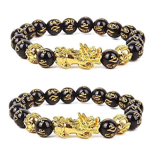 Braccialetti con ciondoli 1PC Golden Pixiu Bracciale di ossidiana Feng Shui Perline nere Lega di ricchezza fatta a mano Amuleto fortunato Gift191H