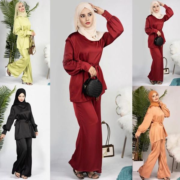 Abbigliamento etnico 2 pezzi Djellaba set musulmano abito in raso top a maniche lunghe pantaloni a gamba larga donne islamiche abbigliamento modesto camicetta Eid Abaya