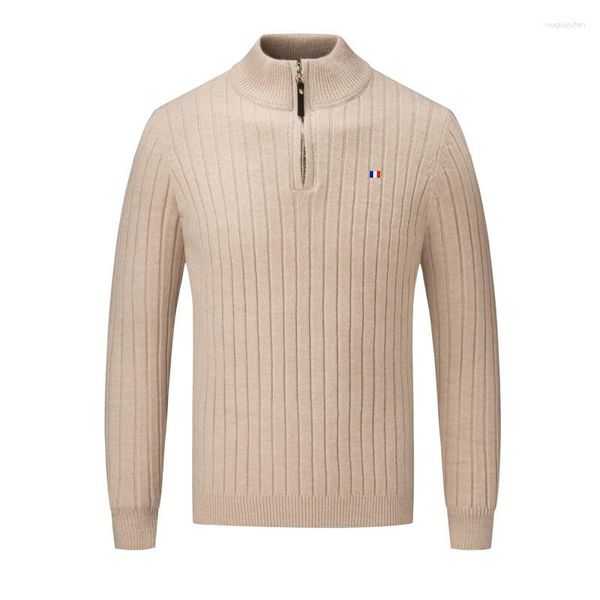 Мужские свитера, кашемировый хлопок, полувысокая горловина, вязаная рубашка с теплой нижней частью, жаккардовый пуловер на молнии, подходящий стиль, осень-зима