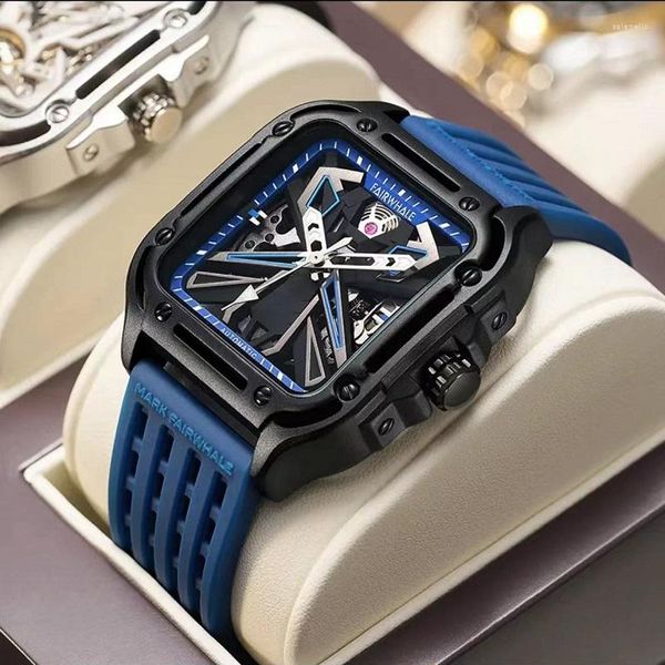 Relógios de pulso Marca Mark Fairwhale Homens Relógios Moda Luminosa Máquinas Relógio Esporte Oco Azul Silicone Strap Resistente À Água Homem Relógio