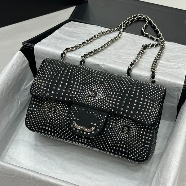 23C Diamantes Brilhantes de Dois Tons Mulheres Designer Clássico Flap Bolsa Tecido de Algodão Prata Metal Hardware Matelassê Corrente 20cm Corpo Cruz Bolsa de Ombro Bling Bolsa de Luxo