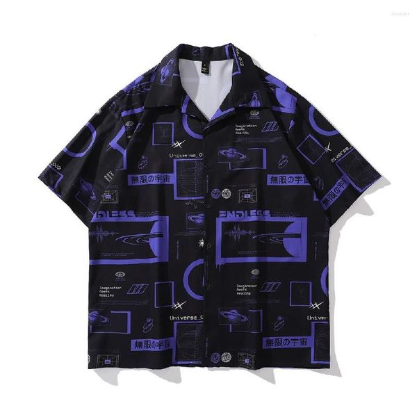 Camisas casuais masculinas universo impressão blusas oversize vintage goth estética preto verão férias havaí tops streetwear roupas masculinas