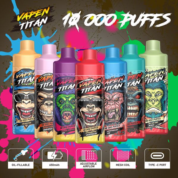 VAPEN Titan 10000 Puffs Descartáveis E Cigarros Vape 20ml Bobina de Malha Dupla Razz Bar 2% 5% Recarregável Recarga Cigarros Eletrônicos Sem Vazamento 10k Puff Enorme Vapor Navio Livre