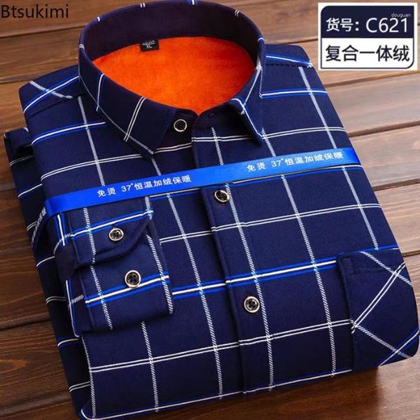 Camisolas masculinas outono inverno flanela camisa de manga comprida xadrez quente grosso velo forrado macio vestido casual masculino 2023