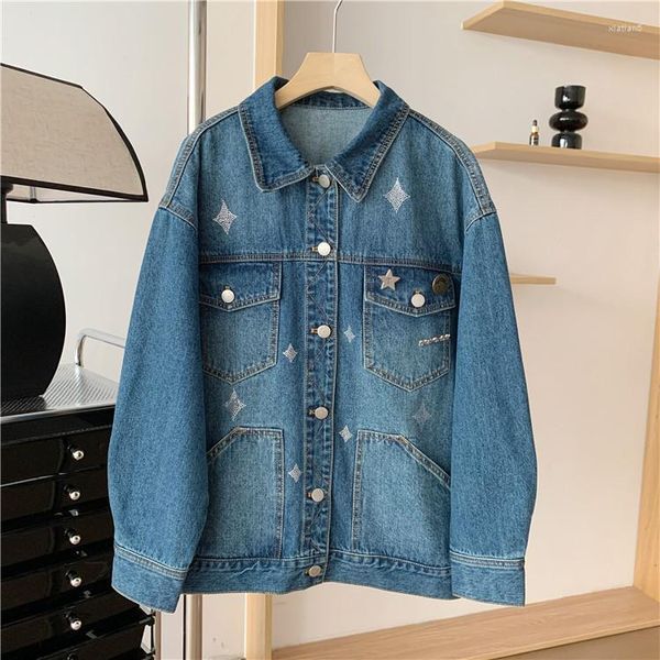 Frauen Jacken Stern Perlen Mode Mantel Denim Volle Ärmel Herbst Lose Beiläufige Mädchen Jacekts Outwear Kleidung