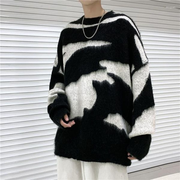 Herrenpullover Rundhalspullover Harajuku-Stil Lose Strickwaren Ins Trendige Marke Retro Kontrastfarbe Einfach Personalisiert