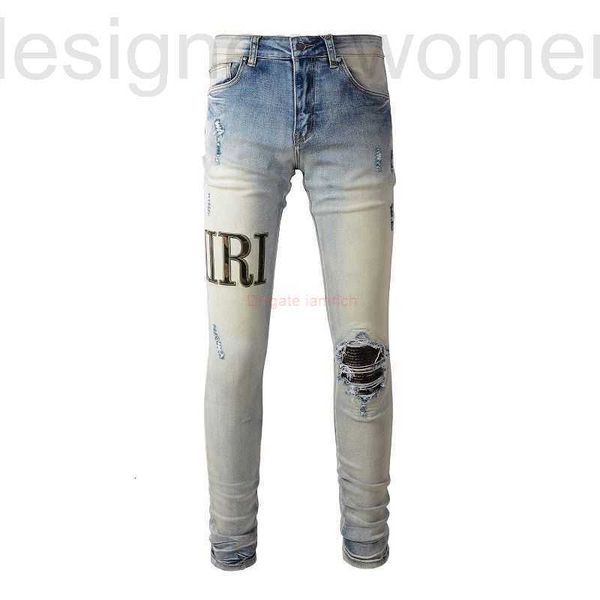 Мужские джинсы Дизайнерская одежда Джинсовые брюки Amires 878 High Street Made Wornout Состаренные камуфляжные буквы Пэчворк Кожа Slim Fit Маленькие штанины 477N