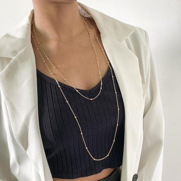 Catene Vintage Perline Collana lunga con colletto maglione Donna 2023 Multistrato Semplice Colore oro Metallo Moda Ragazza Gioielli con fascino