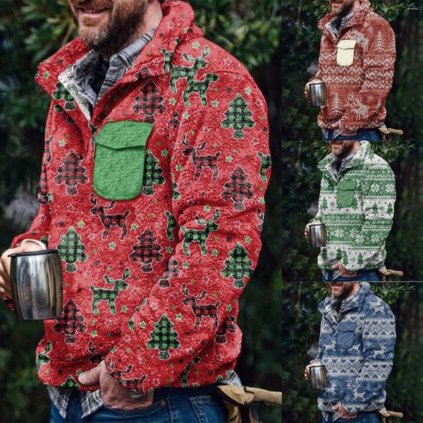 Erkek Hoodies Noel Kar Tanesi Desen Düğmesi Ön Külot Ceket Roman Spor Gömlek Cep Kapüşonlu Kazak Sweatshirts Toplu