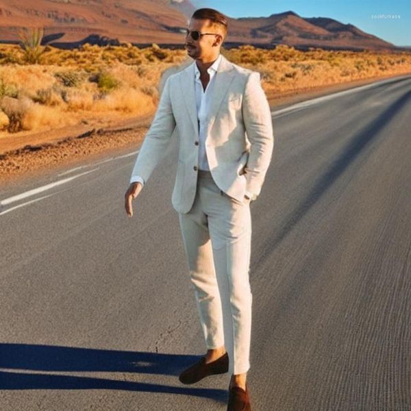 Herrenanzüge Leinen Hochzeit Smoking für Strand Revers Slim Fit Herrenanzug Jacke mit Hose 2-teiliges Set Sommer 2023