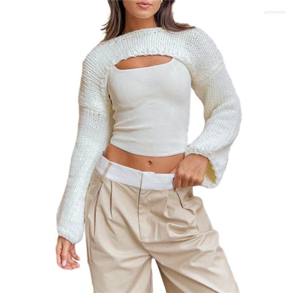 Maglioni da donna Xingqing Coprispalle lavorato a maglia Y2k Abbigliamento Donna Tinta unita Girocollo Manica lunga Pullover Crop Top Abbigliamento all'uncinetto Anni 2000