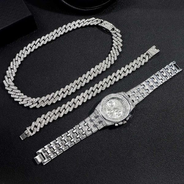 Ожерелья с подвесками, 3 шт., часы + ожерелье + браслет Iced Out, квадратная кубинская цепочка для мужчин и женщин, стразы, асфальтированные ювелирные изделия в стиле хип-хоп