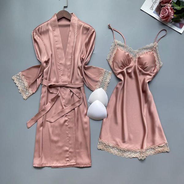 Mulheres sleepwear roupão sexy quimono laço vestido de noite vestido mulheres moda rosa cetim robe e conjuntos pijama