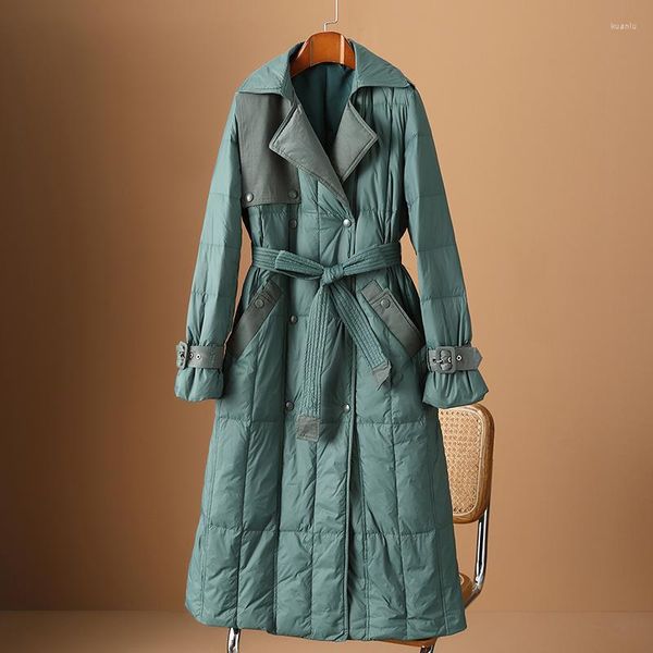 Trench da donna Piumino caldo patchwork turchese per l'inverno 2023 Mantella lunga aderente