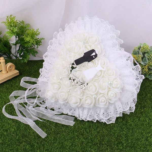 Sacchetti per gioielli Porta cuscino per anello a cuore Fiore bianco Pizzo Perla Porta cuscino per matrimonio per proposta di cerimonia