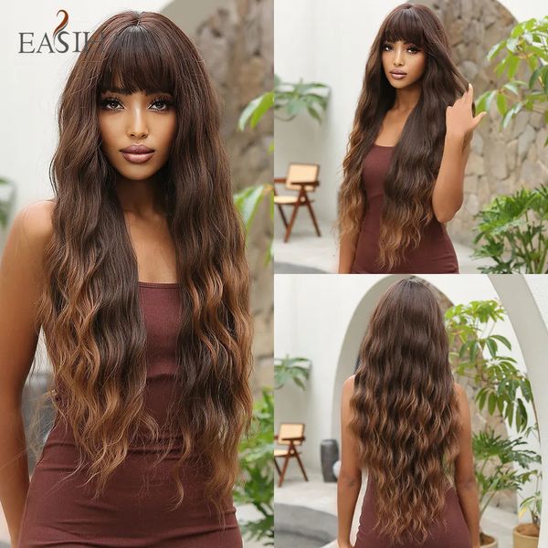 Perucas sintéticas longas ombre marrom onda encaracolada com franja para mulheres afro chocolate diário cosplay cabelo resistente ao calor 231006