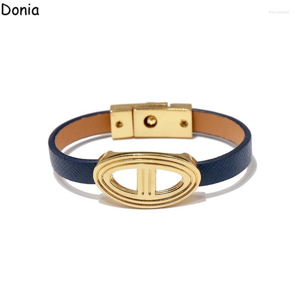 Bangle Donia Jóias Moda Europeia e Americana 316L Aço Inoxidável Nariz de Porco Corda de Couro Pulseira de Luxo High-End.