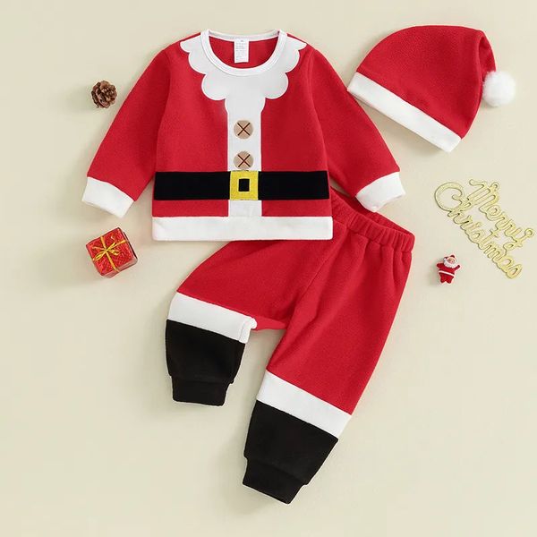 Комплекты одежды 3 шт. Рождественский костюм для малышей для маленьких девочек и мальчиков, зимние милые Санта-Клаусы, контрастные цвета, топы с длинными рукавами, брюки, шляпа, детские наряды 231006