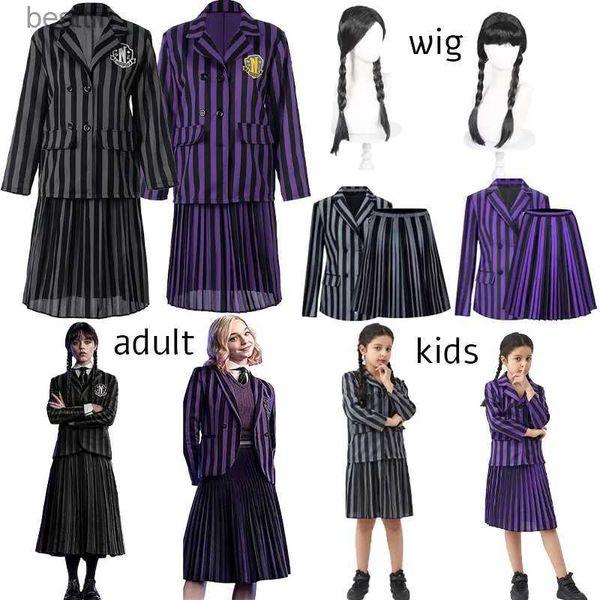 Thema Kostüm Kinder Kinder Mittwoch Addams Mittwoch Cosplay Kommen Kleid Outfits Halloween Karneval Anzug Schwarzes Kleid Rollenspiel für MädchenL231007