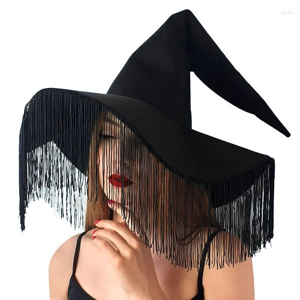 Праздничные принадлежности, женские шляпы ведьмы, большая шляпа с рюшами и кисточками для Хэллоуина, маскарада, школы, косплея, тема