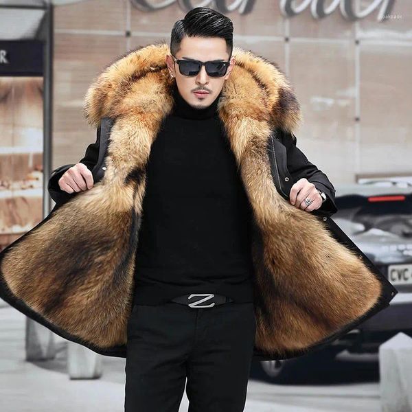 Gilet da uomo Parka invernale Fodera in visone Cappotto di pelliccia staccabile di media lunghezza intero da uomo Cappotto lungo sotto il ginocchio