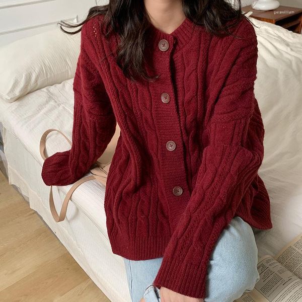 Damenstrick 2023 Weinroter Strickjackenpullover Koreanischer Vintage Fried Dough Stricken Einreiher-Stil Schwarzer O-Ausschnitt Lose Mantel