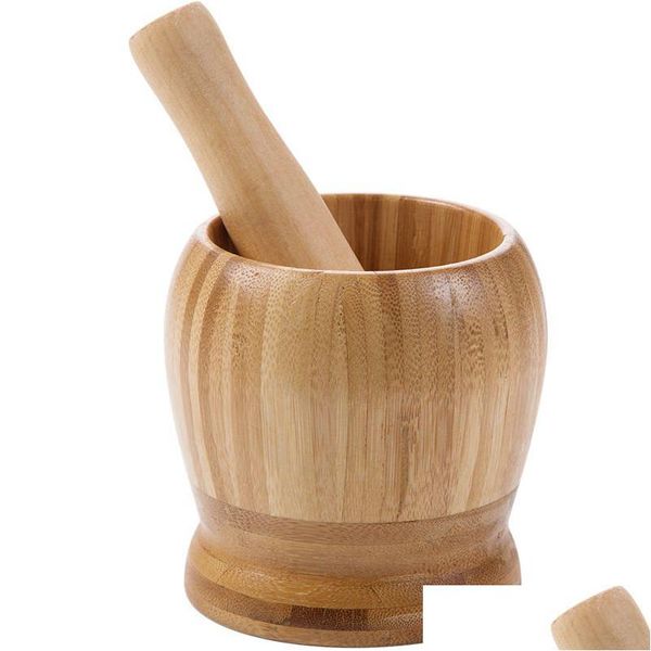 Moinhos de madeira argamassa e pilão bambu guacamole tigela shell alho pimenta imprensa picador moedor chopper triturador ferramenta de cozinha drop delive dhdeo